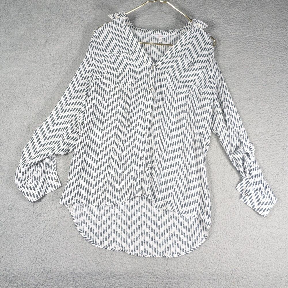 Candies Top Womens Size Medium Black White Blouse Criss Cross Cold Shoulder